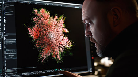 A dedicated professional analyzes a vibrant data visualization on a computer screen, showcasing creativity and technology in a modern workspace filled with innovation.の素材