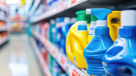 Brightly colored cleaning products displayed neatly on a grocery store shelf. This vibrant arrangement attracts shoppers' attention while browsing household supplies.の素材