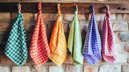 A vibrant display of colorful checked napkins hanging on a rustic rack, enhancing the kitchen's cozy and inviting atmosphere. Perfect for home decor.の素材