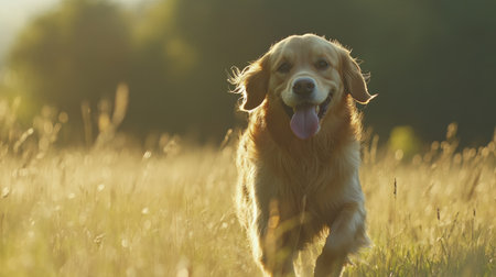 A joyful golden retriever runs freely through a sunlit meadow, embodying happiness and playfulness. This scene showcases the beauty of nature and companionship.の素材