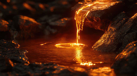 A mesmerizing scene of glowing liquid cascading over dark rocks, creating a serene and tranquil ambiance. The interplay of light and texture captivates the viewer.の素材