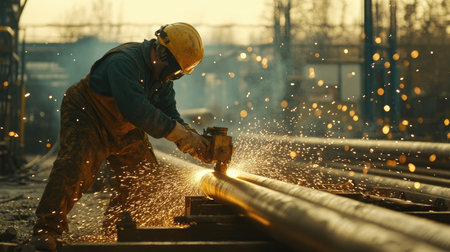 A worker in safety gear is cutting a metal pipe, creating bright sparks in an industrial setting. This scene captures the essence of labor and craftsmanship.の素材