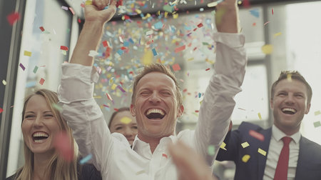 A joyful group celebrating a success in an office environment with colorful confetti filling the air. The scene captures smiles, laughter, and camaraderie.の素材