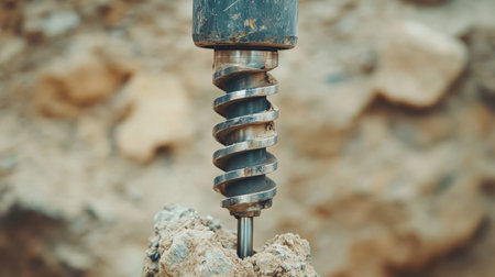 A close-up view of a spiral drill bit embedded in rocky terrain, highlighting the tool's detailed design and functionality for construction and excavation purposes.の素材
