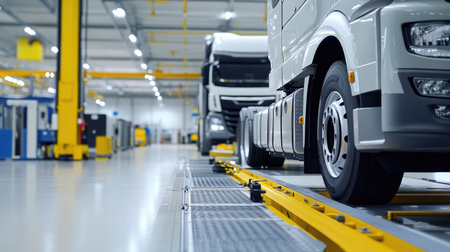 A close-up view of modern trucks in a state-of-the-art manufacturing facility, showcasing advanced technology and efficiency in the automotive industry.の素材