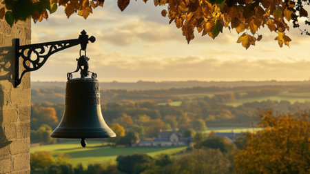 A rustic metal bell hangs from a wall, framed by autumn leaves, overlooking a serene landscape. This captivating scene showcases vibrant fall colors and tranquility.の素材