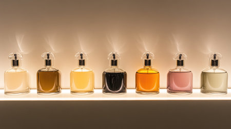 A stunning arrangement of elegant fragrance bottles showcasing various colors and designs, illuminated by soft lighting to enhance their beauty and charm.の素材