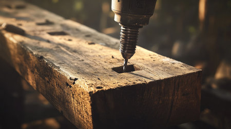 A detailed close-up of a drill bit penetrating a wooden plank, enhanced by golden sunlight and surrounding dust, showcasing the art of craftsmanship in woodwork.の素材