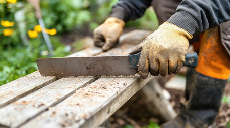 A close-up view of a worker using a hand saw on a wooden plank, showcasing the textures of wood and sawdust. The scene captures the essence of woodworking and garden maintenance.の素材