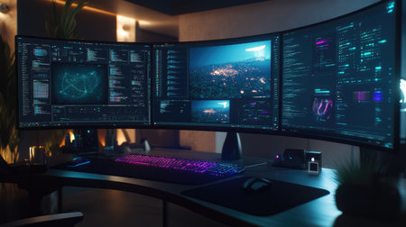 A sleek modern workspace featuring dual curved monitors with vibrant ambient lighting. The setup emphasizes technology and productivity in a creative environment.の素材
