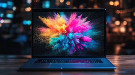 A laptop showcasing a vibrant explosion of colorful powdered particles, creating a dynamic visual that captures creativity and energy in a modern workspace.の素材