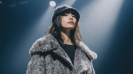 A confident model showcases a stylish coat under dramatic stage lighting. The setting emphasizes elegance and contemporary fashion, highlighting individual style and personality.の素材