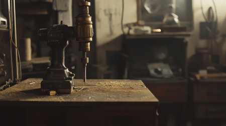 A vintage drill press stands prominently on a wooden table amidst a rustic workshop, showcasing tools and a creative workspace filled with wood shavings and charm.の素材