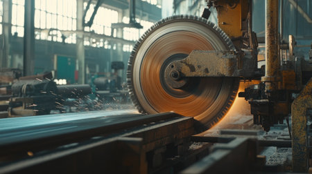 A powerful circular saw cuts through steel in an industrial workshop, showcasing sparks and precision. The scene highlights the robust machinery and dynamic energy of metalworking.の素材