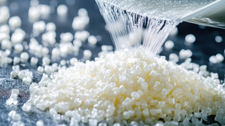 A detailed close-up of fine sugar granules being poured, showcasing the texture and shine. Ideal for culinary themes, cooking, and baking concepts.の素材