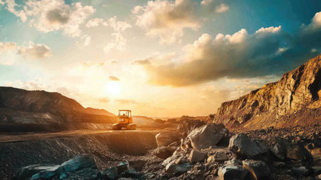 A heavy machinery vehicle operates in a quarry landscape illuminated by a stunning sunset. The scene captures the blend of industrial activity and natural beauty.の素材