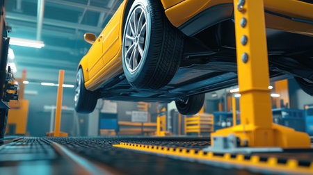 A vibrant yellow car is elevated in a contemporary auto repair shop, showcasing tools and equipment. The scene emphasizes the importance of vehicle maintenance and professional service.の素材
