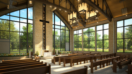 A serene interior of a modern church showcasing large windows that invite natural light, creating a peaceful atmosphere perfect for worship and reflection.の素材