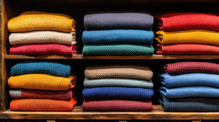 Explore a stunning display of colorful knitted textiles arranged neatly on wooden shelves. This image captures the warmth and coziness of expertly crafted fabrics.の素材