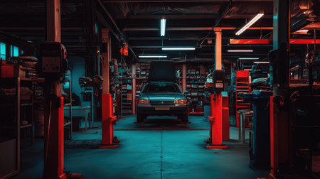 A vintage car stands prominently in a dimly lit auto repair shop, surrounded by various tools and equipment, creating a unique industrial ambiance that showcases craftsmanship.の素材