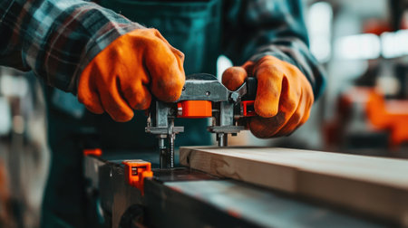 A skilled craftsman is using a router tool on a wooden plank in a well-lit workshop, demonstrating precision and craftsmanship in woodworking.の素材