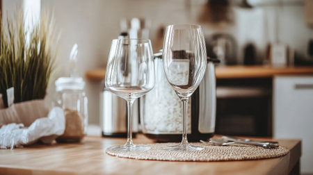 Two elegant wine glasses sit on a kitchen table, with modern appliances in the background, creating a warm and inviting atmosphere perfect for dining.の素材