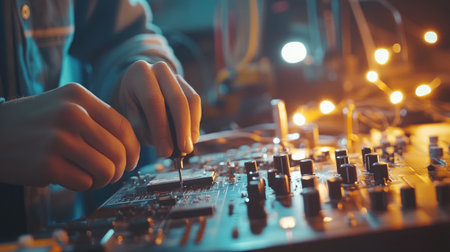 A focused technician works diligently on a circuit board, using precise tools in a dimly lit workshop, showcasing the intricate process of electronics repair.の素材