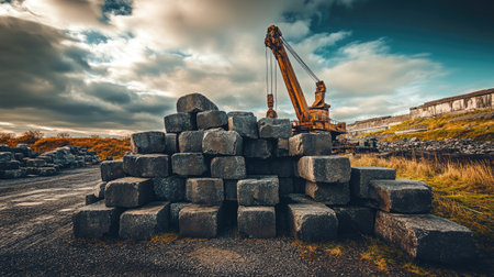 A robust industrial crane lifts stone blocks at a quarry, showcasing heavy machinery in an expansive landscape under a cloudy sky. The scene captures the essence of construction and extraction activities.の素材