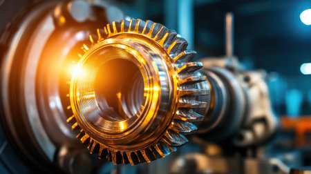 This close-up image features a shiny gear component in an industrial machinery workshop, showcasing precision engineering and advanced technology.の素材