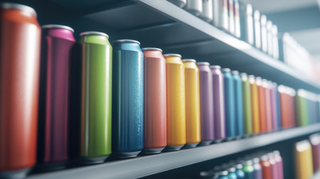 A vibrant display of colorful beverage cans neatly arranged on a modern shelf, showcasing the variety of refreshing drinks available in a retail setting.の素材