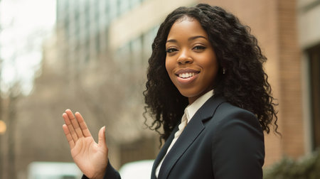 A confident young woman smiles and waves in an urban area, showcasing a friendly and professional demeanor. The image captures a moment of interaction.の素材