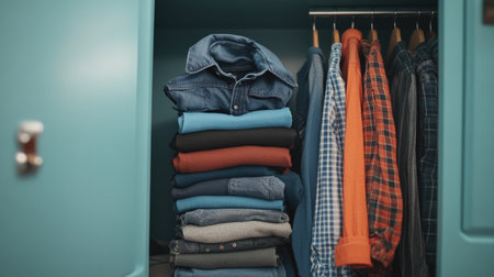 A well-organized closet featuring neatly folded and hung clothing items. This image showcases a variety of vibrant colors and stylish pieces for everyday wear, enhancing home decor.の素材