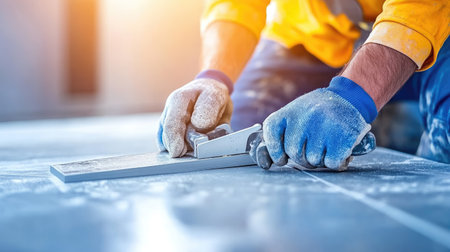 A skilled worker uses a hand tool to smooth a surface during a construction project. The focus on precision captures the essence of craftsmanship in home renovation.の素材