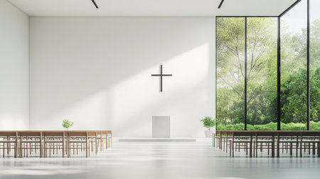 A serene and modern church interior featuring large windows, a minimalistic design, and a prominent cross, promoting a tranquil worship experience.の素材
