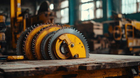 This image captures a close-up view of sharp circular saw blades resting on a wooden workshop table. The industrial setting highlights craftsmanship and precision in woodworking.の素材