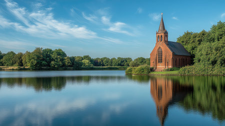 A scenic view of a brick church beautifully reflecting in a calm lake. Surrounding greenery complements the serene atmosphere under a clear blue sky, ideal for nature lovers.の素材