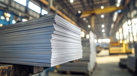 A close-up view of stacked steel sheets in a spacious industrial warehouse. Natural light highlights the metallic sheen, showcasing the organized storage area.の素材