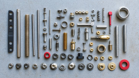 A variety of metal fasteners and hardware displayed on a grey background, showcasing different types like screws, bolts, and nuts for engineering applications.の素材