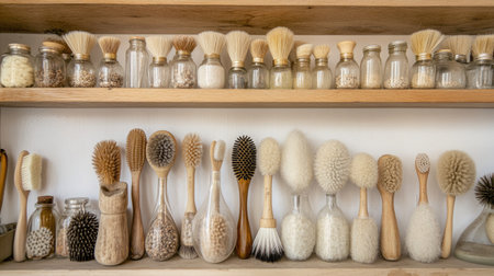A serene display of natural cleaning brushes and containers arranged on wooden shelves. This image exudes a minimalist and eco-friendly aesthetic perfect for home decor themes.の素材