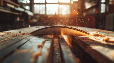 A close-up view of a circular saw cutting through wood, capturing the intricate details of the blade and wood shavings in a well-lit workshop.の素材
