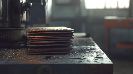 A close-up view of a stack of metal sheets resting on an industrial workbench, surrounded by tools and remnants of metalwork, capturing a rustic workshop ambiance.の素材