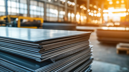 A close view of stacked steel plates in an industrial warehouse during golden hour. The warm sunlight emphasizes the metallic surfaces, showcasing the industrial environment.の素材
