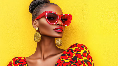 A confident woman showcases vibrant fashion against a bright yellow background. Her bold sunglasses and stunning earrings complement her striking makeup, creating an eye-catching look.の素材