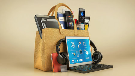 This image showcases a stylish bag filled with various modern gadgets and electronics, highlighting a blend of technology and lifestyle for convenience and organization.の素材