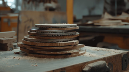 Close-up view of stacked wooden discs in a workshop, surrounded by sawdust. The image captures the essence of craftsmanship and creativity in woodworking.の素材