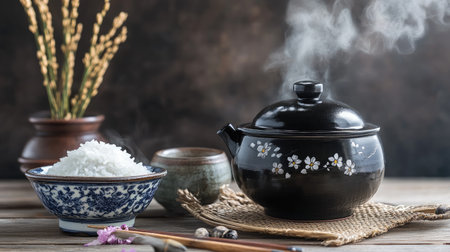 A beautifully arranged Asian ceramic pot with steaming rice, placed on a wooden table. Perfect for showcasing traditional cooking and dining aesthetics.の素材