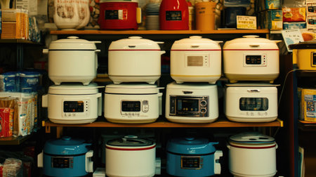 A vibrant display of modern kitchen appliances showcases various rice cookers and homeware items in a retail store, highlighting cooking technology and design.の素材