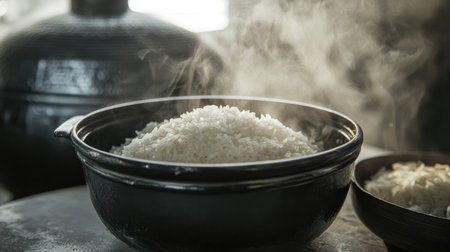 A steaming bowl of freshly cooked rice showcases culinary warmth and comfort. Perfect for Asian dishes, this image captures the essence of wholesome dining.の素材