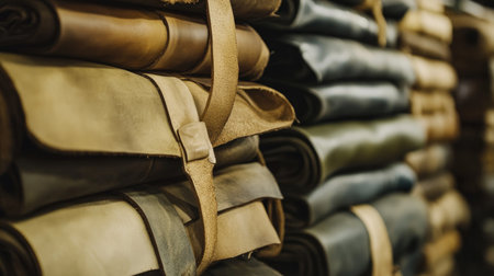 A collection of rolled leather hides stacked in an organized manner in a workshop. The rich textures and colors present a creative backdrop for crafting.の素材