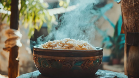 A steaming bowl of freshly cooked rice sits in a rustic setting, showcasing the warmth and comfort of a home-cooked meal, ideal for culinary projects.の素材
